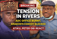 Breaking: Tension in Rivers as Thugs Burn ADC Office, Block Amaechi’s Convoy – Atiku Peter Obi speak out